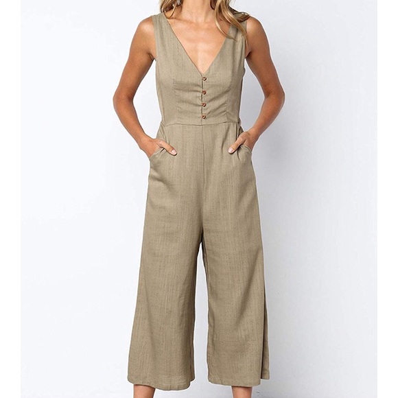 Jumpsuit Casual Button Deep V Neck Sleeveless - Picture 3 of 7